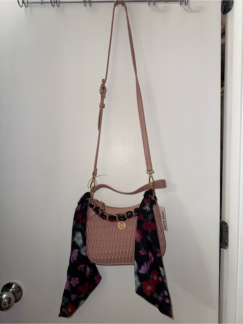 Anne Klein Dusty Pink Woven Shoulder Bag with Floral Scarf